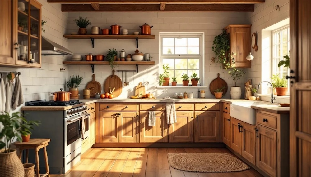 kuchnia urządzona w rustykalnym stylu z drewnianą zabudową i połogą 