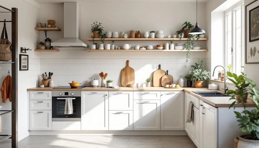 kuchnia w stylu skandynawskim w białym kolorze z płytkami na ścianie i drewnianymi półkami obok okapu kuchnia w stylu skandynawskim z białymi szafkami i drewnianymi półkami na ścianie