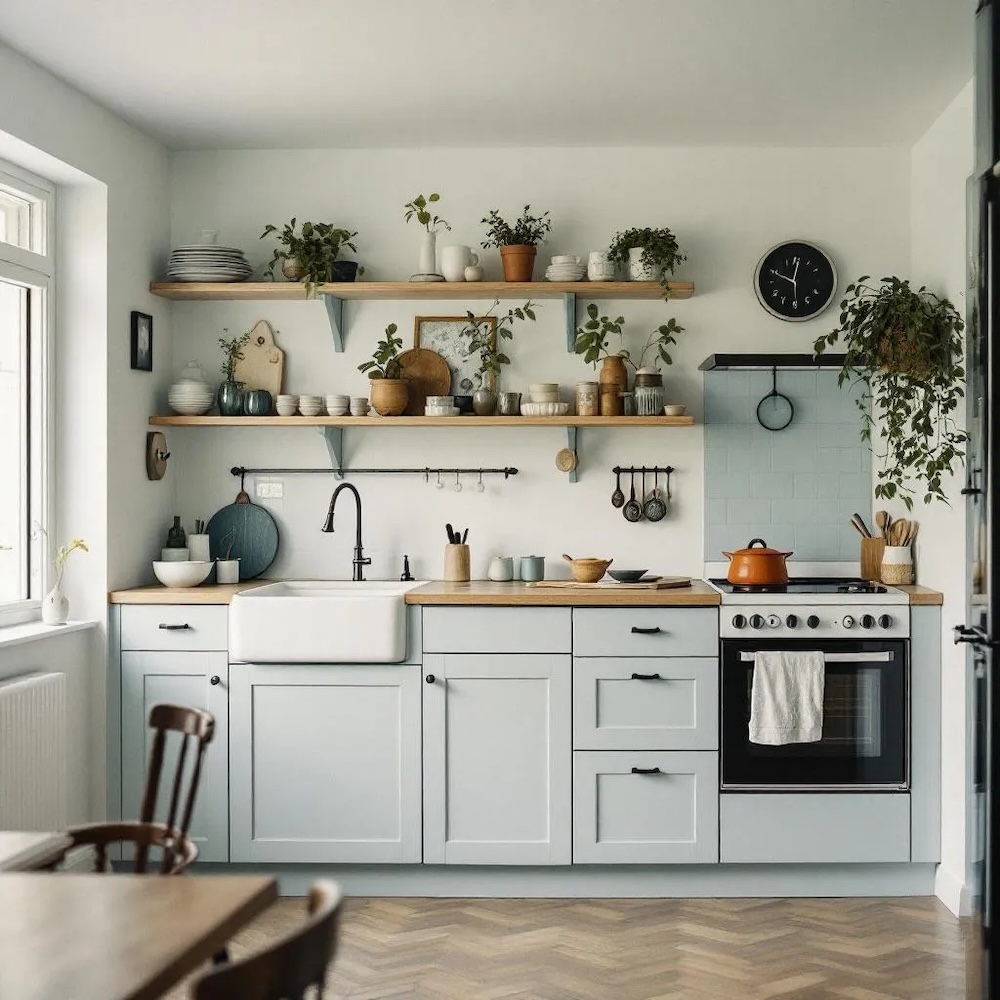 kuchnia w stylu skandynawskim z jasnoniebieskimi frontami na białej ścianie kuchnia w stylu skandynawskim z białymi ścianami i niebieskimi szafkami