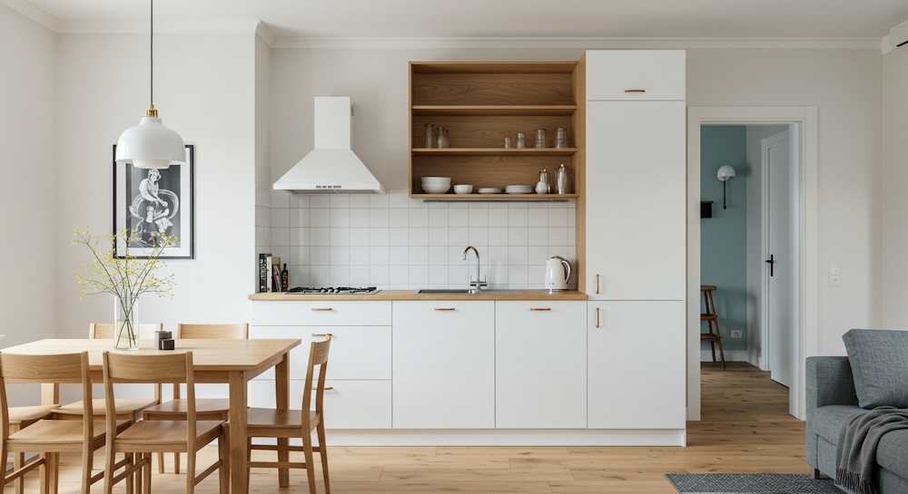 kuchnia w białym kolorze z drewnianymi blatami i wiszącą pólką jasna kuchnia połączona z salonem i jadalnią ze stołem i krzesłami