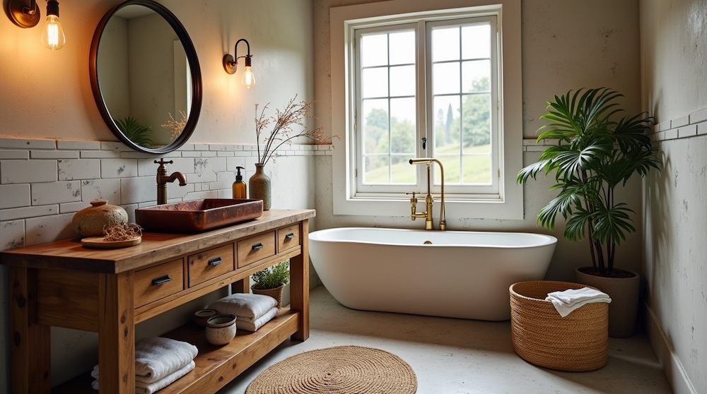 rustykalna łazienka z wanną wolnostojącą pod oknem i drewnianą szafką z bordową umywalką 