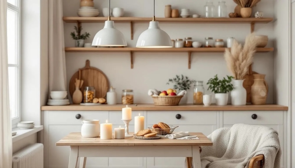 ciepło urządzona kuchnia ze stolikiem i fotelem obok blatu przytulna kuchnia hygge w kolorach bieli i naturalnego jasnego drewna