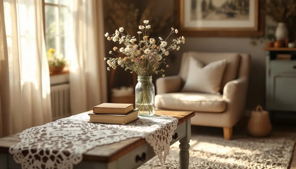 rustykalny styl - komoda z białym obrusem i kwiatami 