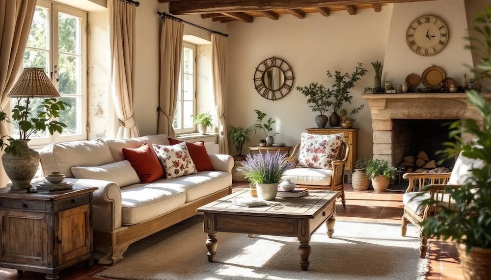 rustykalny styl - salon z drewnianymi meblami i białymi ścianami 