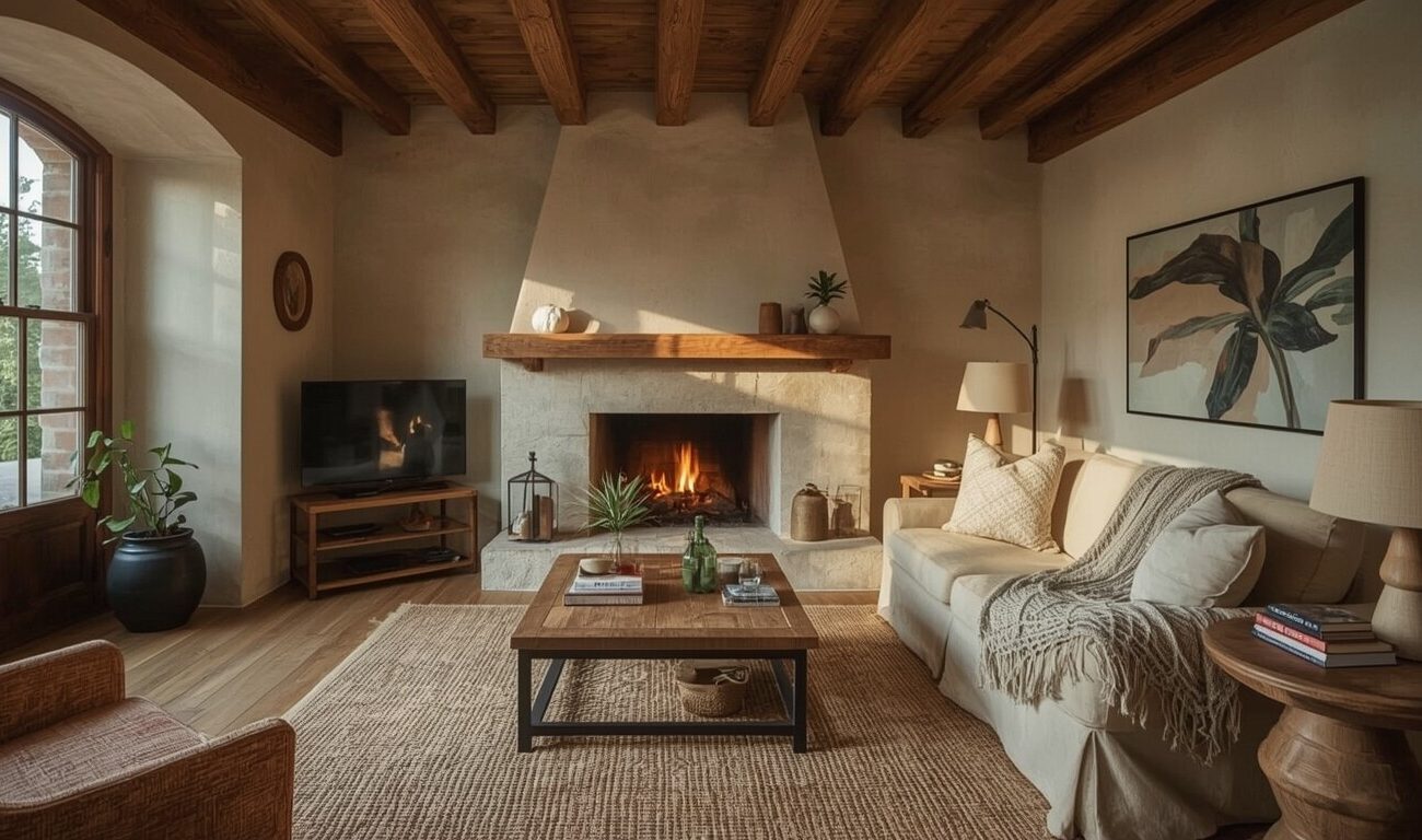 rustykalny styl w salonie z kanapą i stolikiem kawowym na dywanie obok jasnego kominka