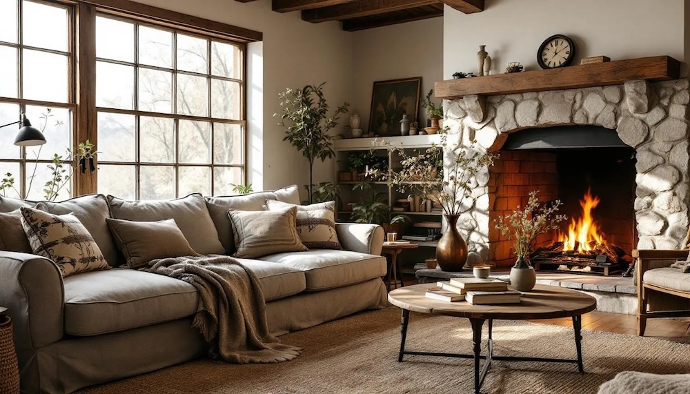 rustykalny styl we wnętrzu z sofą i stolikiem kawowym obok rozpalonego kominka 