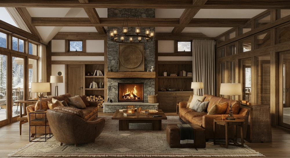 rustykalny styl w salonie z belkami przy suficie i skórzanymi meblami 