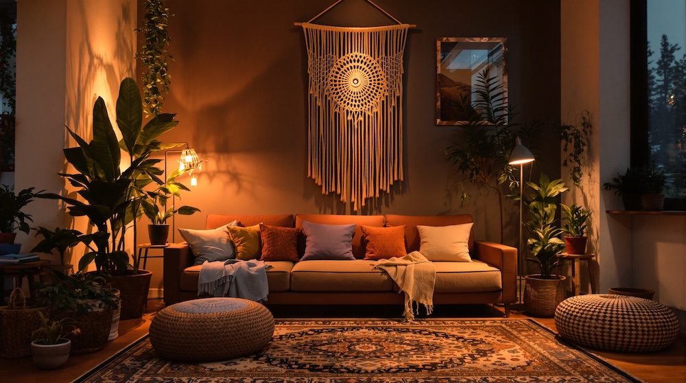 salon w stylu boho z makramą na ścianie nad sofą z poduszkami 