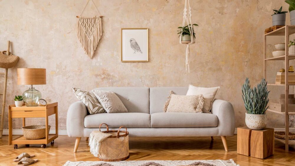 salon w stylu boho z szarą sofą pod ścianą i drewnianymi szafkami salon w stylu boho w odcieniach drewna z szarą kanapą na tle beżowej ściany