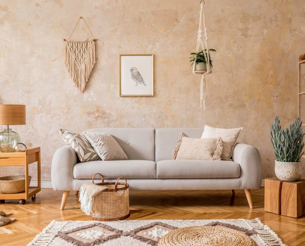 salon w stylu boho w odcieniach drewna z szarą kanapą na tle beżowej ściany