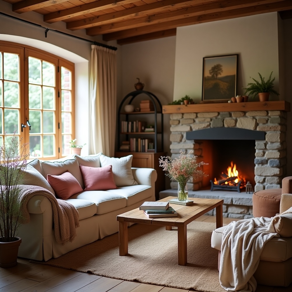 rustykalny salon z sofą i drewnianym stolikiem naprzeciwko kominka 