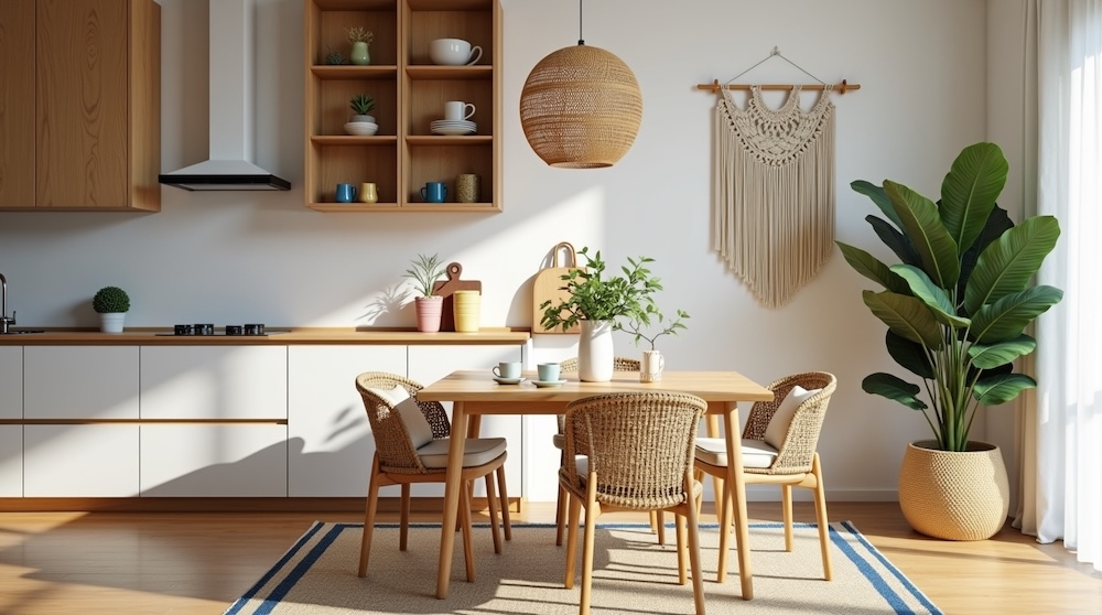 kuchnia ze stołem z drewna i czterema krzesłami z oparciami z rattanu kuchnia w stylu scandi boho z białymi frontami i stołem z krzesłami z plecionki