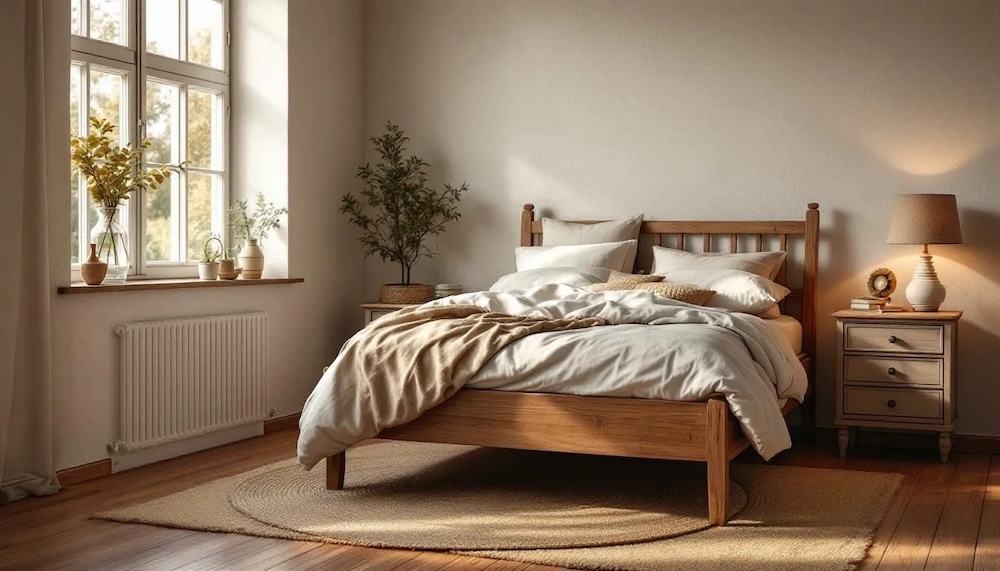 rustykalna sypialnia z łóżkiem z drewnianą ramą na podłodze z dywanem 