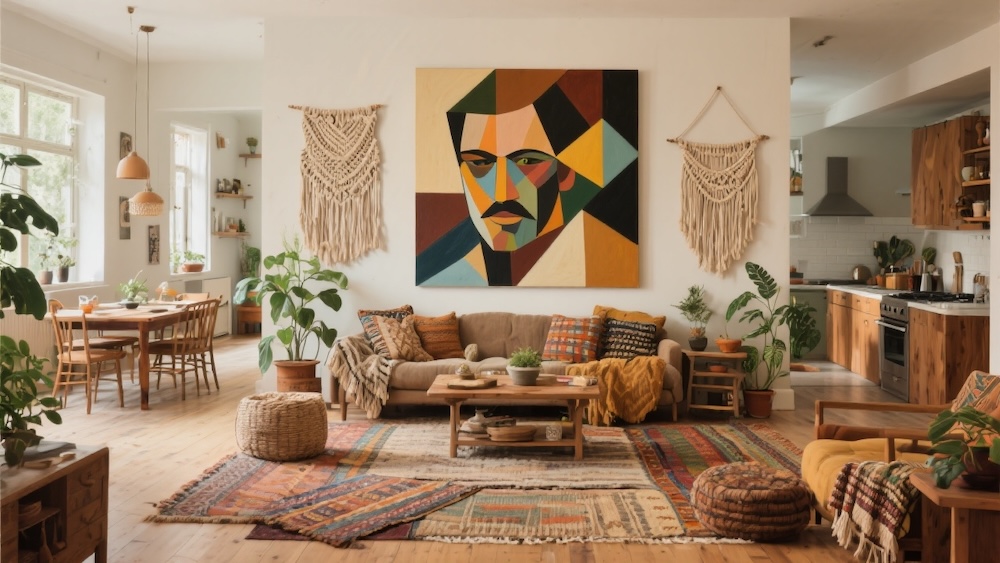 salon z kuchnią i jadalnią w stylu boho z dywanami i kolorowymi dodatkami z naturalnych materiałów 