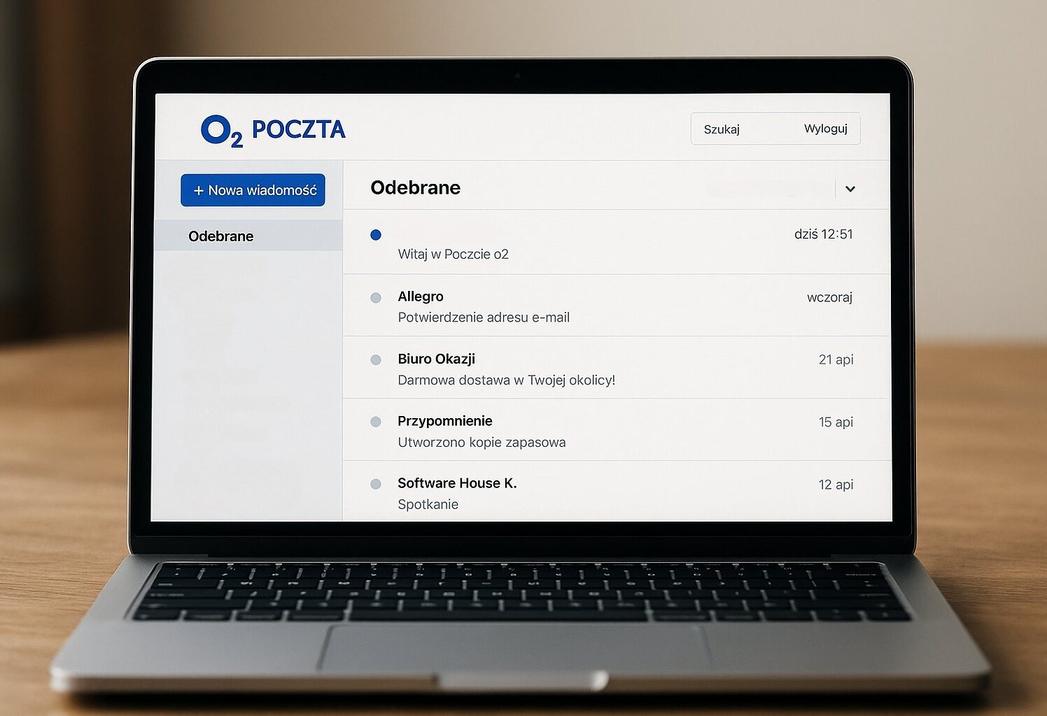 poczta o2 otwarta na komputerze