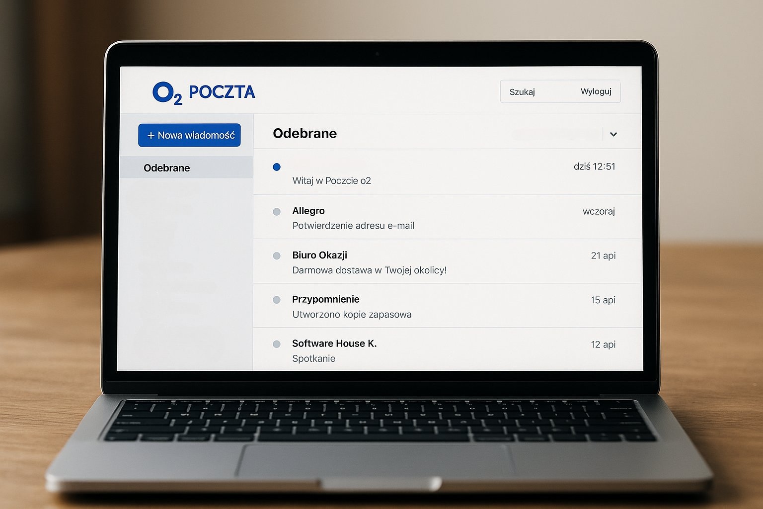 poczta o2 otwarta na komputerze