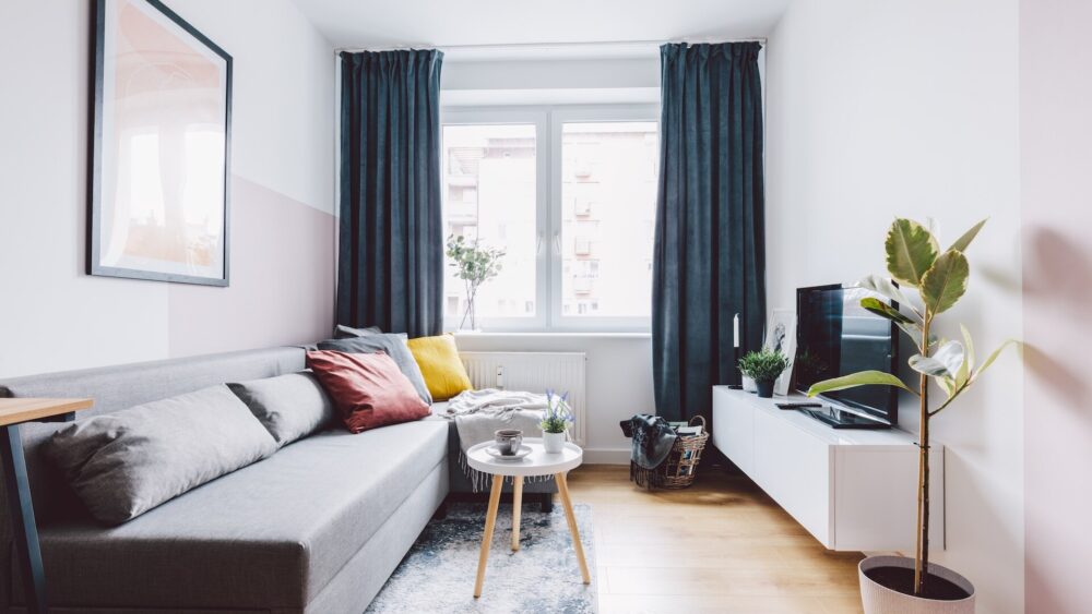wąski salon z szarą sofą