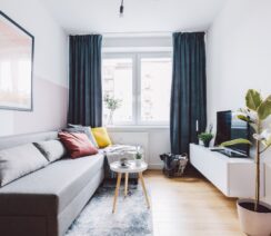 wąski salon z szarą sofą