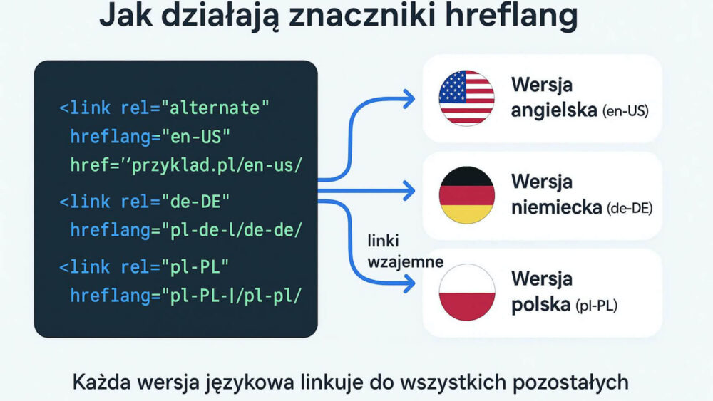 jak działa hreflang – połączenie wersji językowych witryny schemat działania znaczników hreflang dla różnych wersji językowych strony