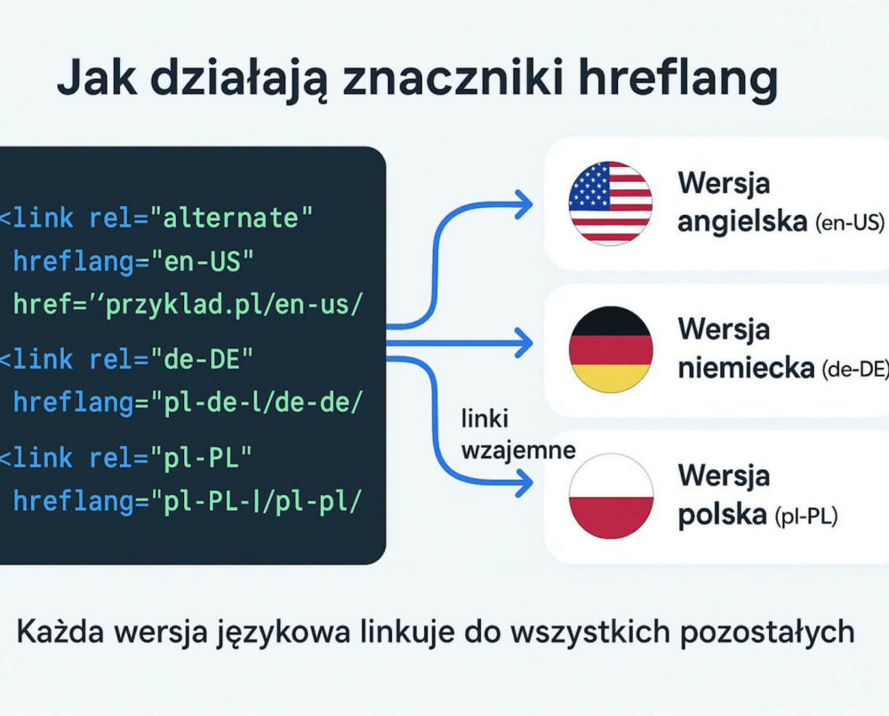 schemat działania znaczników hreflang dla różnych wersji językowych strony