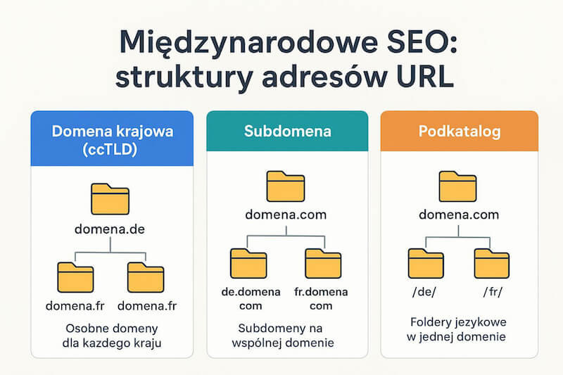 schemat pokazujący różne struktury adresów URL dla stron zagranicznych porównanie struktur adresów URL w międzynarodowym SEO