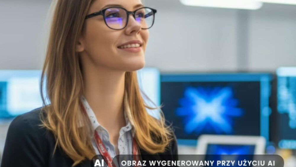 kobieta korzystająca z okularów podczas pracy przy komputerze Zdjęcie przedstawia młodą kobietę w okularach progresywnych, wygenerowane zostało z użyciem AI, nie przedstawia rzeczywistych osób.
