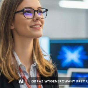 Zdjęcie przedstawia młodą kobietę w okularach progresywnych, wygenerowane zostało z użyciem AI, nie przedstawia rzeczywistych osób.