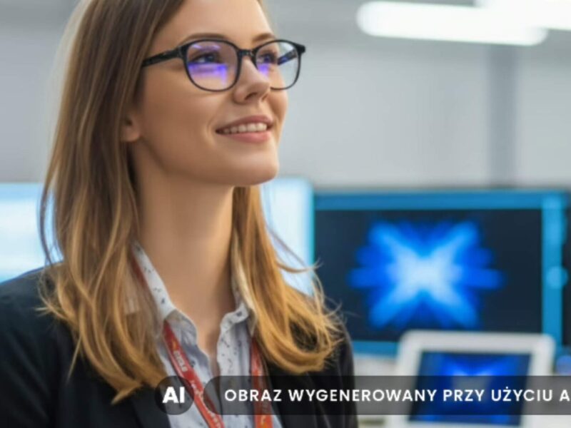 Zdjęcie przedstawia młodą kobietę w okularach progresywnych, wygenerowane zostało z użyciem AI, nie przedstawia rzeczywistych osób.