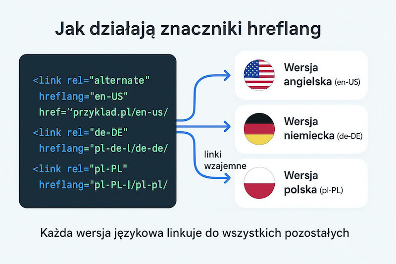 jak działają znaczniki hreflang w międzynarodowym SEO schemat działania znaczników hreflang łączących różne wersje językowe strony