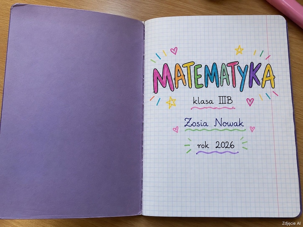 pierwsza strona zeszytu do matematyki z napisem z kolorowych liter pierwsza strona zeszytu do matematyki z napisem